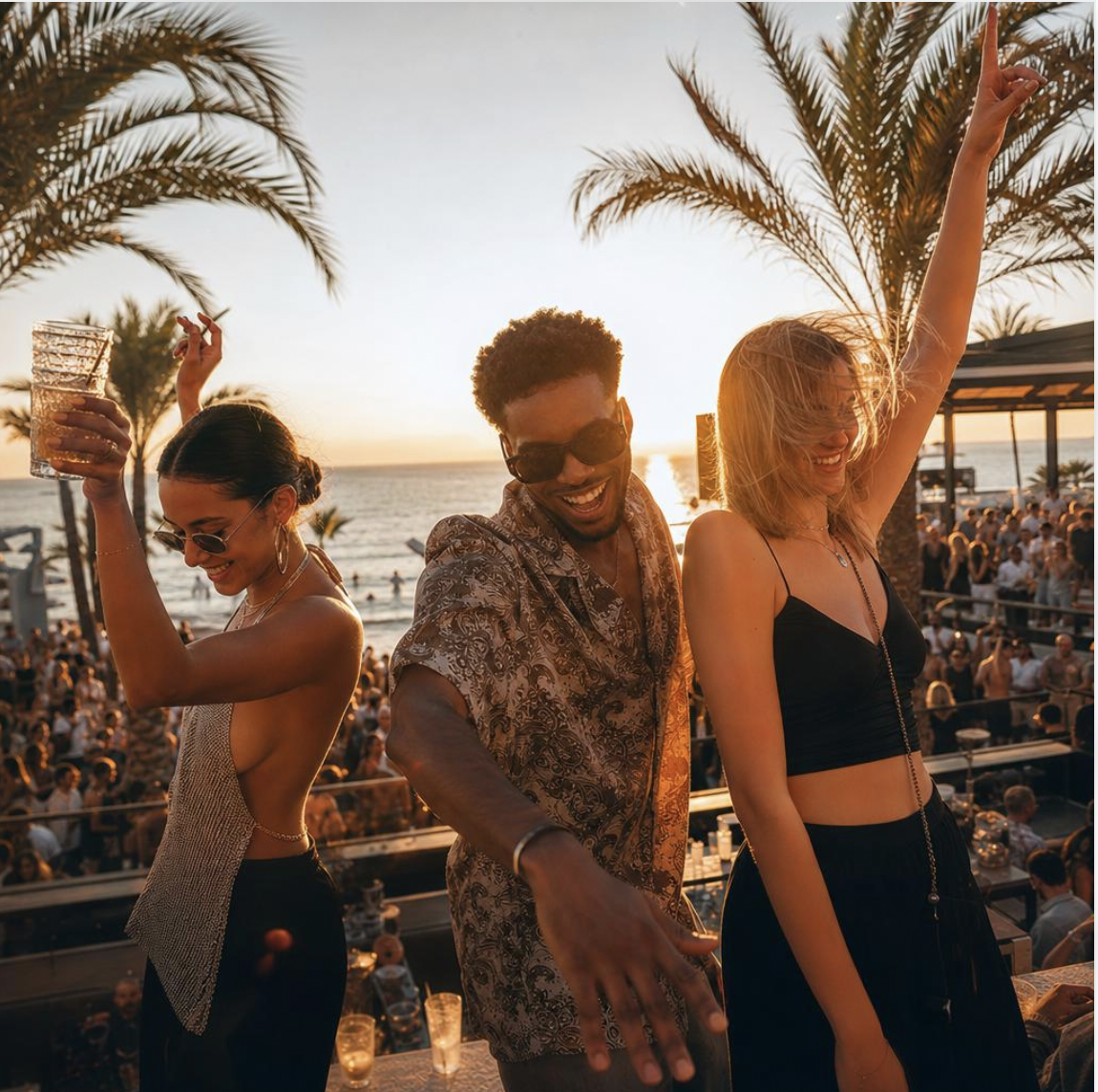 Three stylish adult friends dancing at a palm-lined beach party at sunset