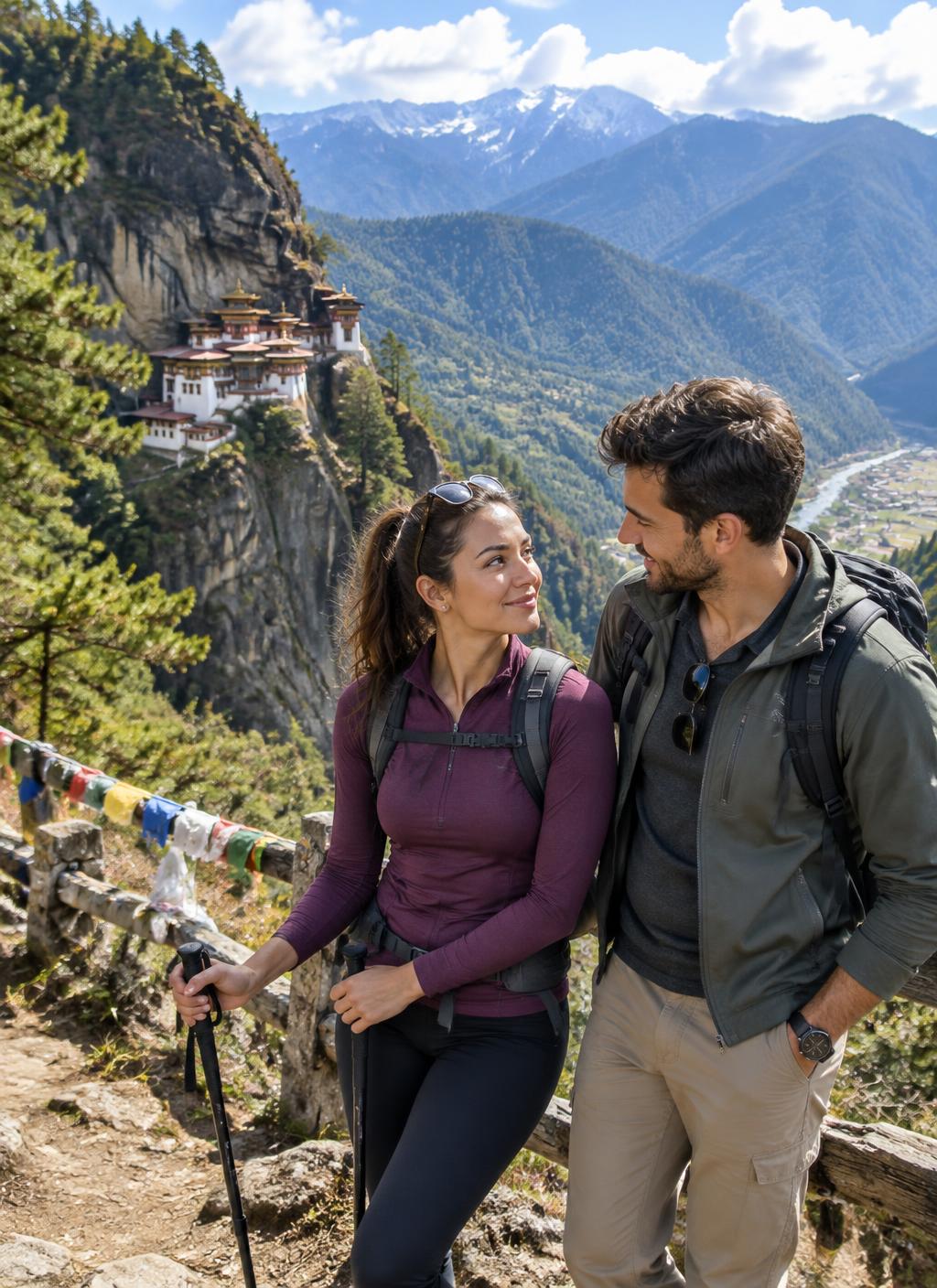 Adult hikers overlooking Tiger’s Nest monastery in Bhutan