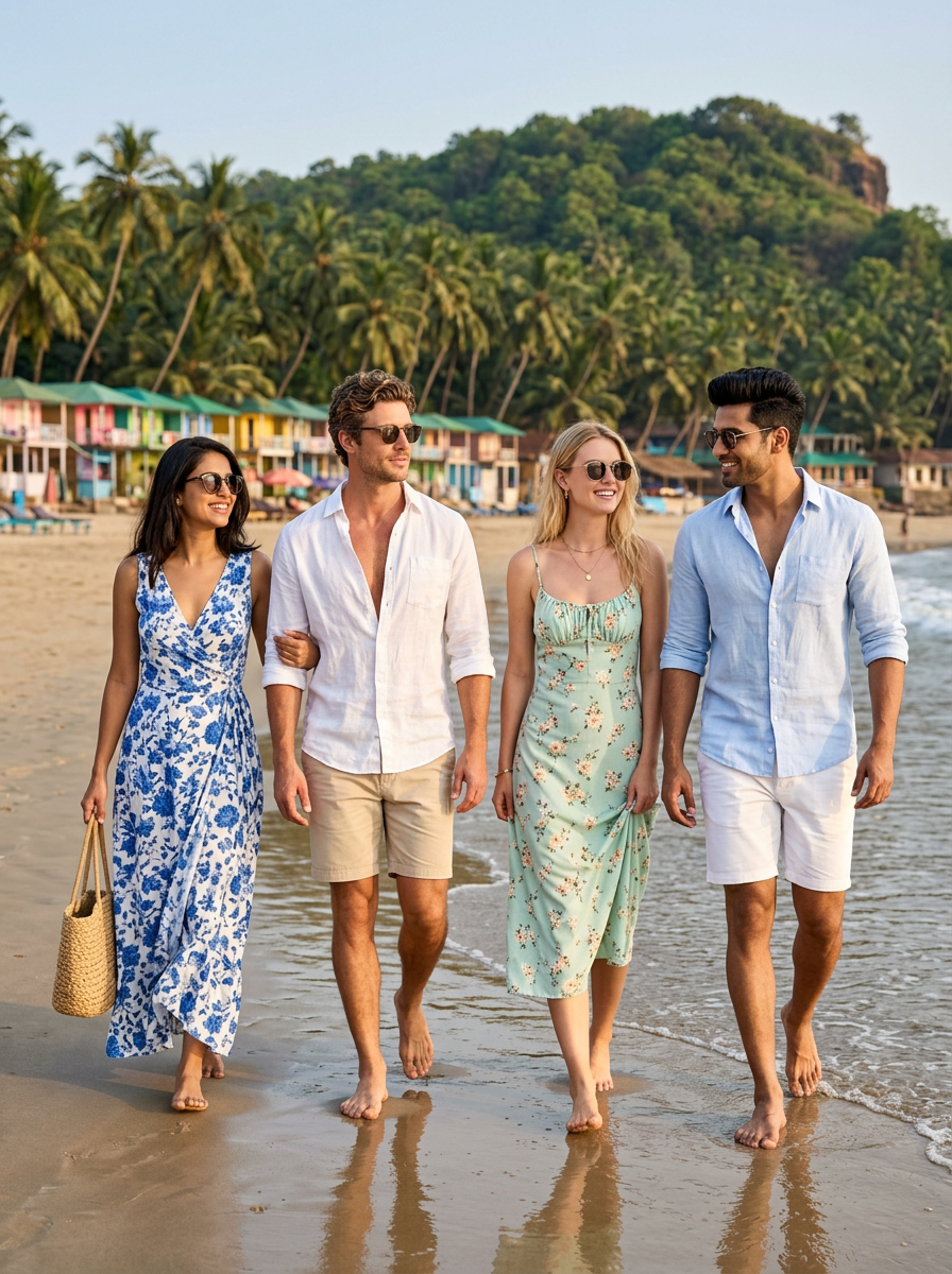 Stylish adult friends walking along Palolem Beach in Goa