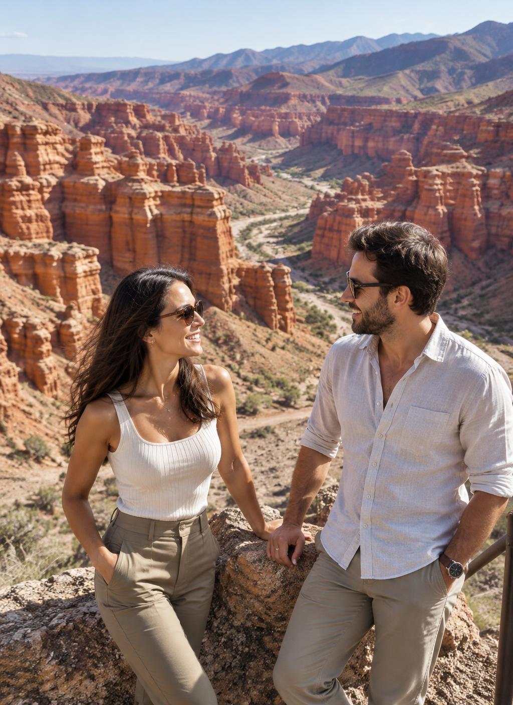 Adult couple at an overlook above Charyn Canyon in Kazakhstan