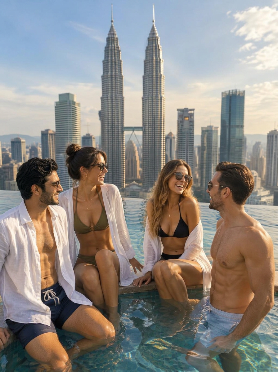 Adult friends at a rooftop pool with Kuala Lumpur’s Petronas Twin Towers