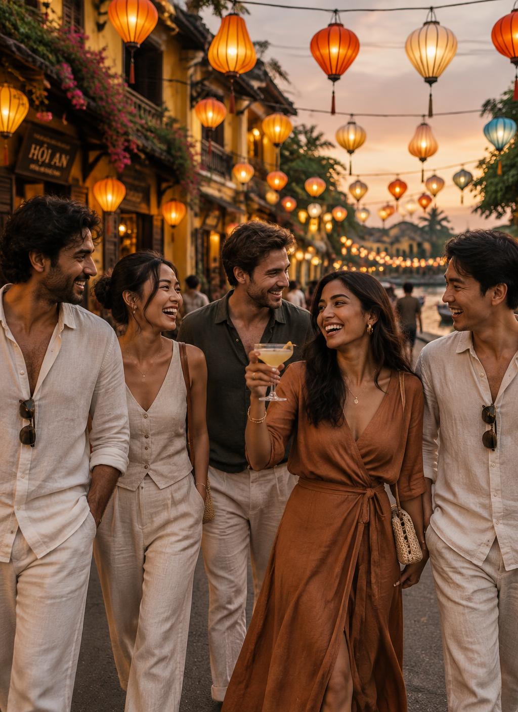 Stylish adult friends laughing on a lantern-lit street in Hội An, Vietnam