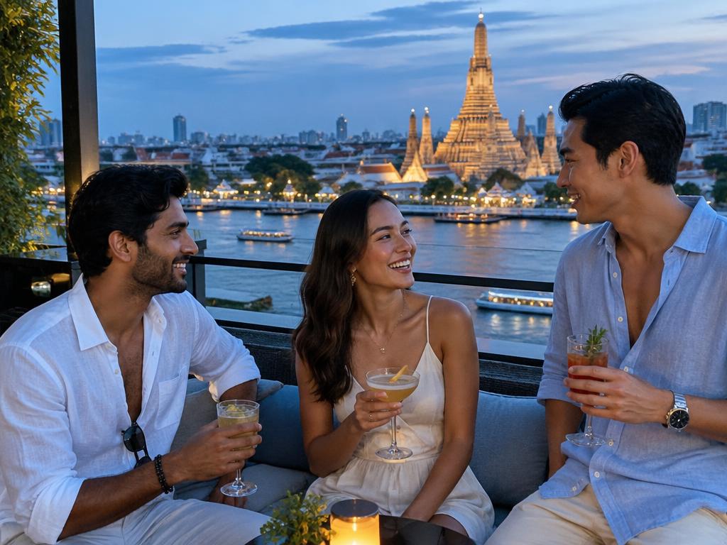 Adult friends sharing rooftop cocktails overlooking Bangkok’s Wat Arun at twilight
