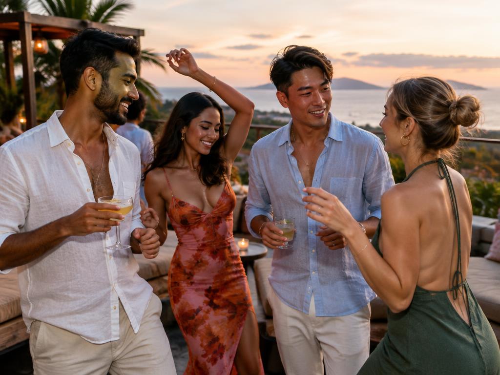Stylish adult friends chatting and dancing together at a tropical rooftop lounge at sunset