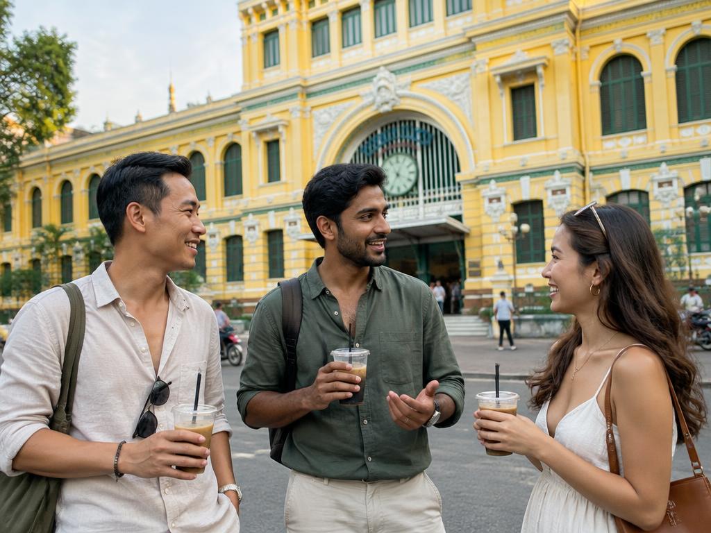 Adult friends enjoying iced coffee outside Ho Chi Minh City’s historic Central Post Office