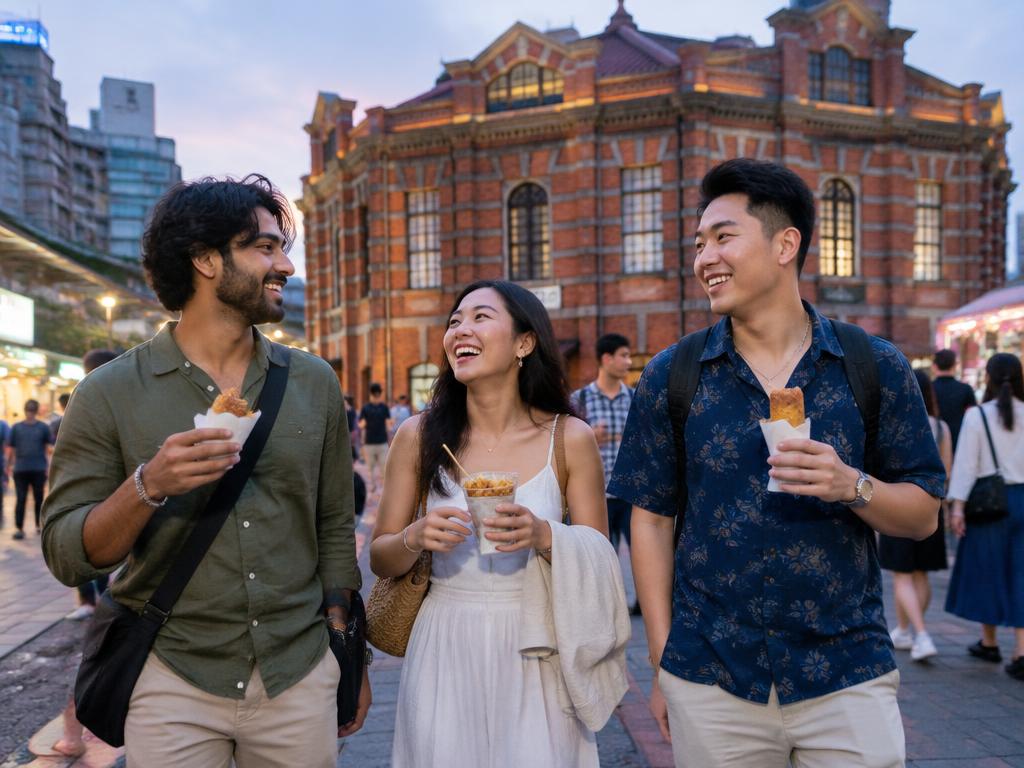 Friends laughing over street snacks outside Taipei’s Red House in Ximending