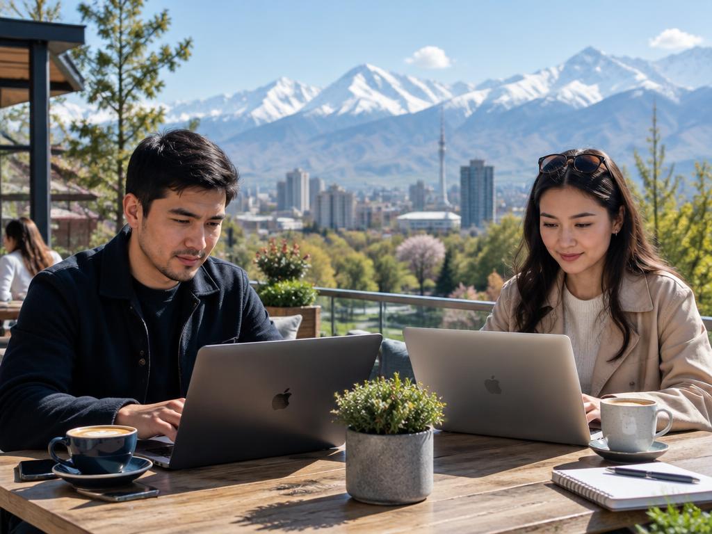 Two remote workers at an Almaty café with the Tian Shan mountains beyond