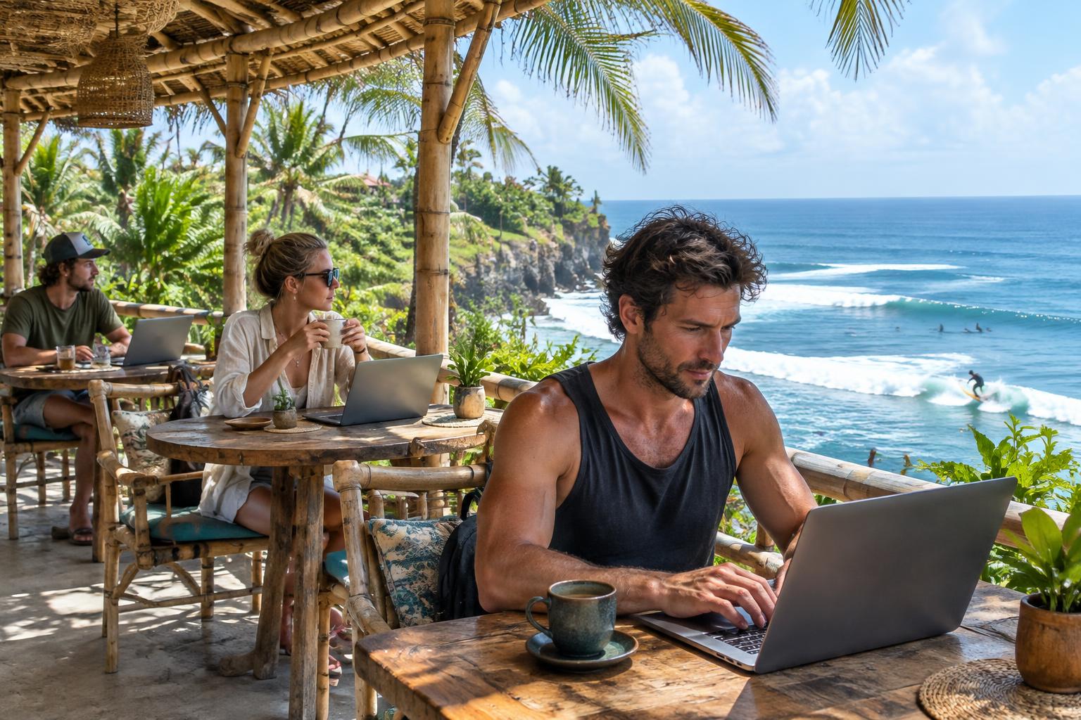 Digital nomads working together beside the ocean in Bali