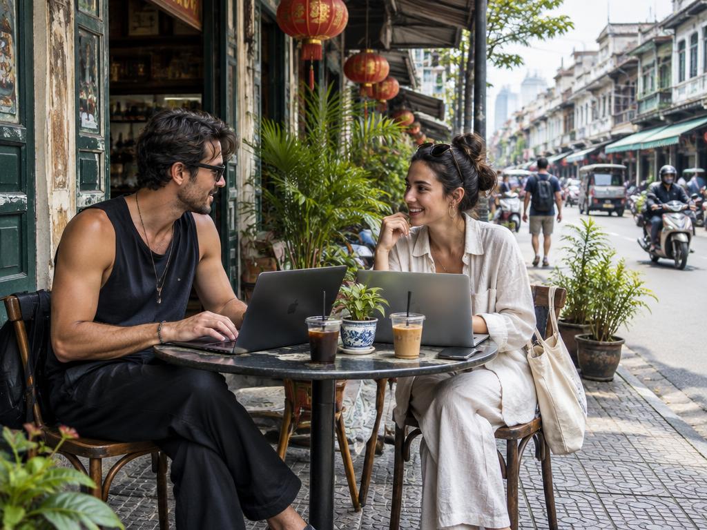 Adult remote workers sharing coffee and laptops at a Bangkok street café