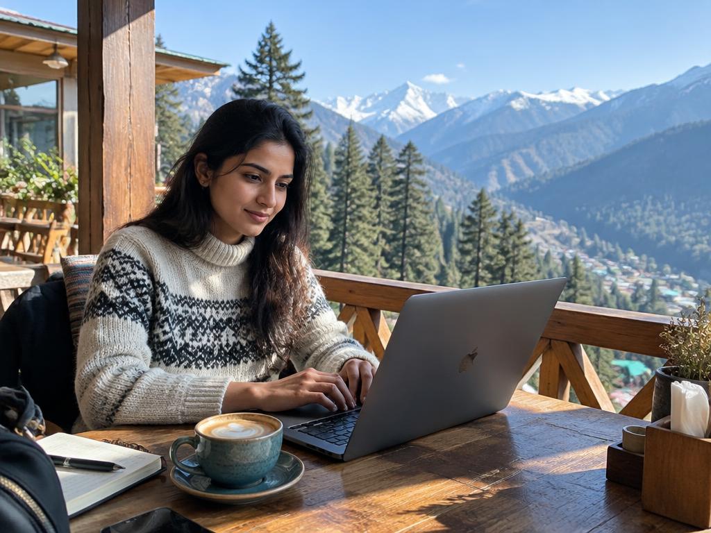 A woman working on a mountain café balcony in Himachal