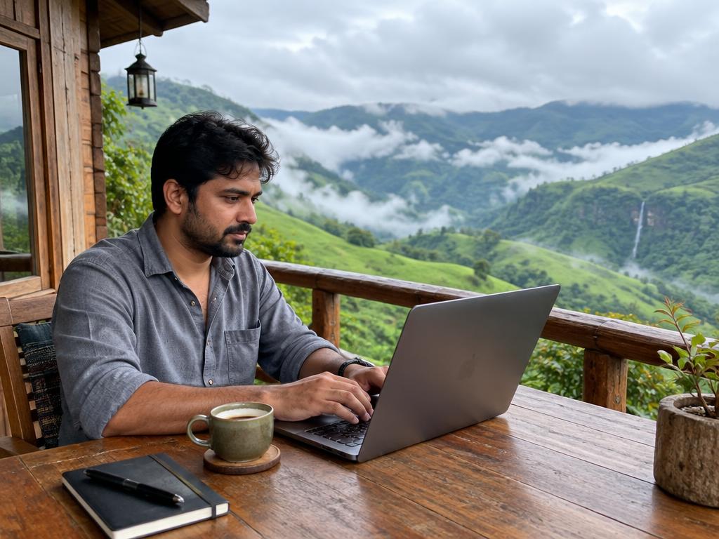 A remote worker with a laptop overlooking misty green Meghalaya hills