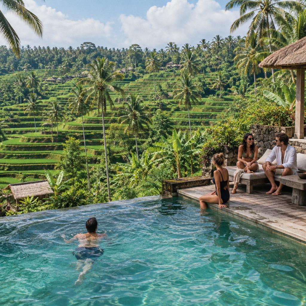 Friends relaxing around a Bali pool overlooking green rice terraces and palms