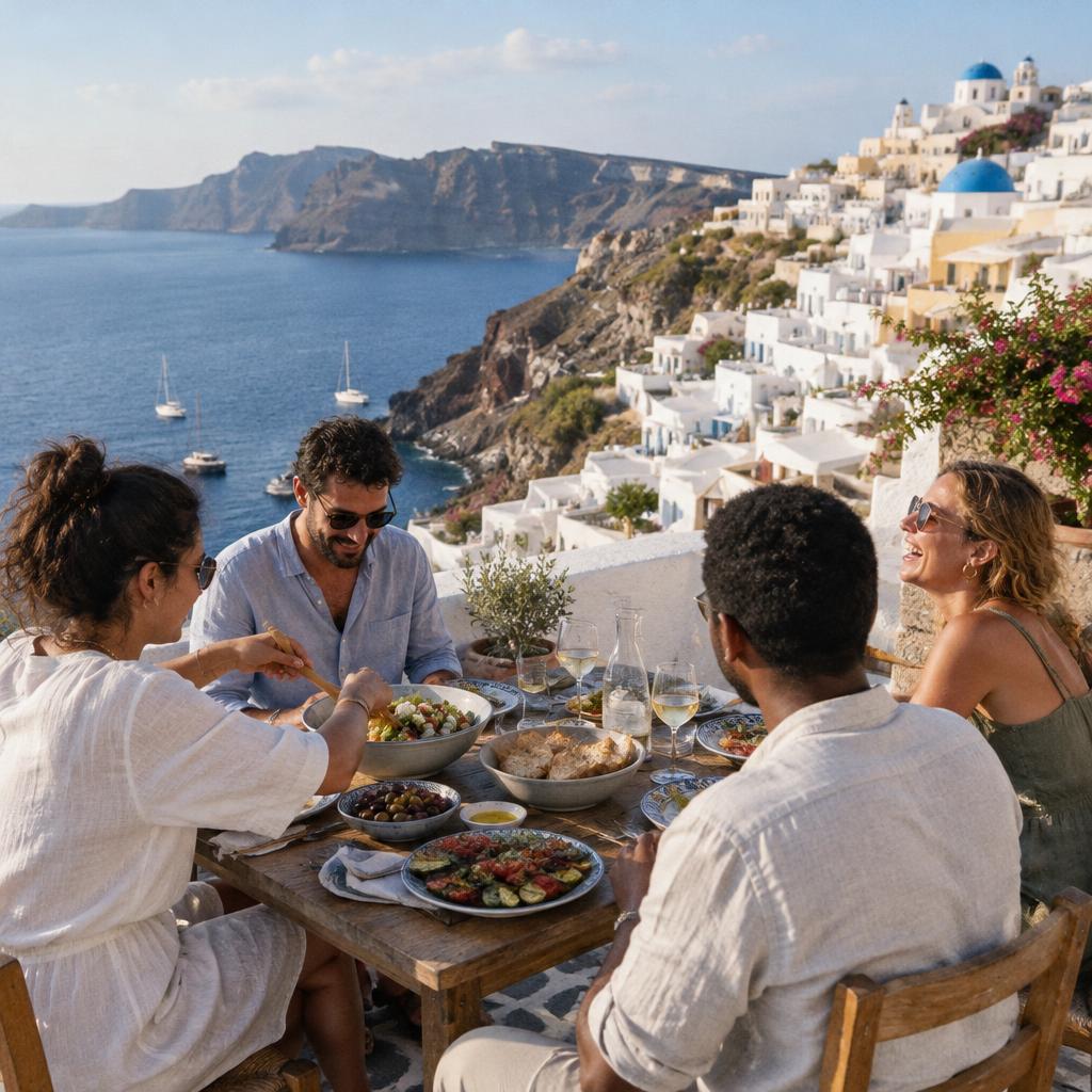 Friends sharing a relaxed terrace meal above a whitewashed Greek village and the Aegean Sea