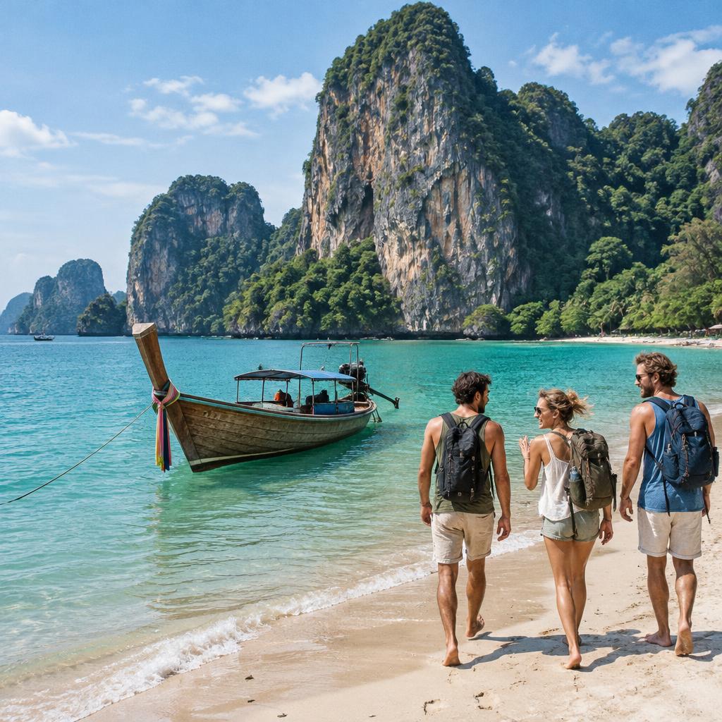 Friends walking along Railay Beach beside a longtail boat and towering limestone cliffs