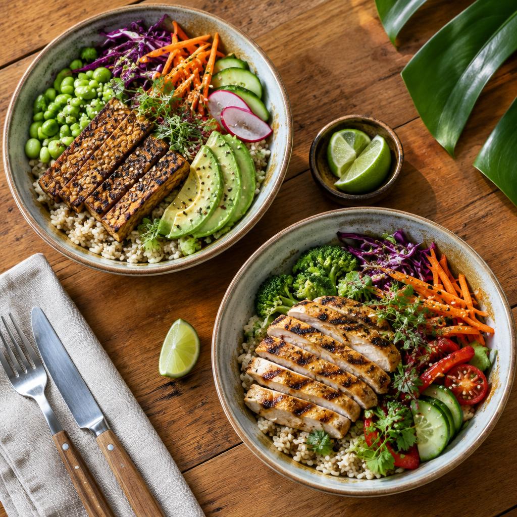 Fresh vegan tempeh bowl and grilled chicken bowl with rice and colourful vegetables
