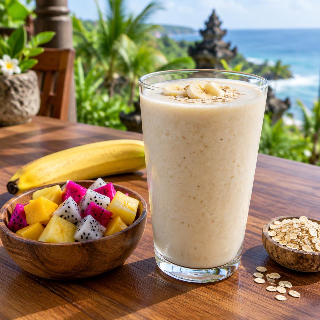 Banana smoothie beside fresh tropical fruit on a Bali-inspired café table